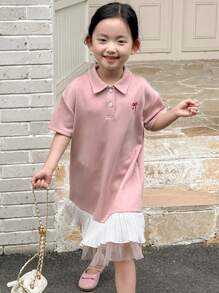DAZY Young Girls Regular Collared Casual Embroidered Bow Short Sleeve Summer Dress - Pink - View 6