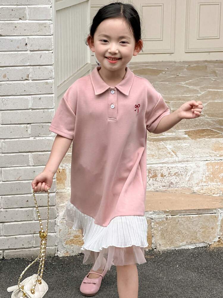 Young Girls Regular Collared Casual Embroidered Bow Short Sleeve Summer Dress