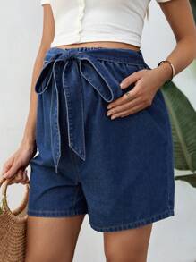 SHEIN 孕妇纯色简约系腰牛仔短裤，休闲装 - 藍色 - 查看 1