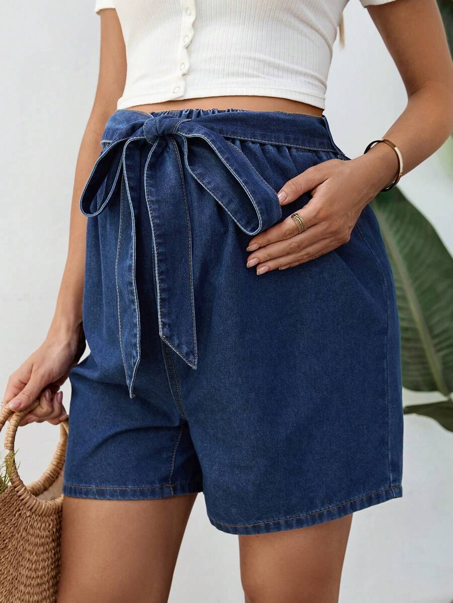 SHEIN 孕妇纯色简约系腰牛仔短裤，休闲装 - 藍色 - 查看 1