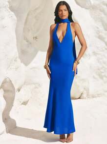 Hauture Women's Sexy Summer Blue Low Front And Cowl Back Long Mermaid Dress - Blue - View 3
