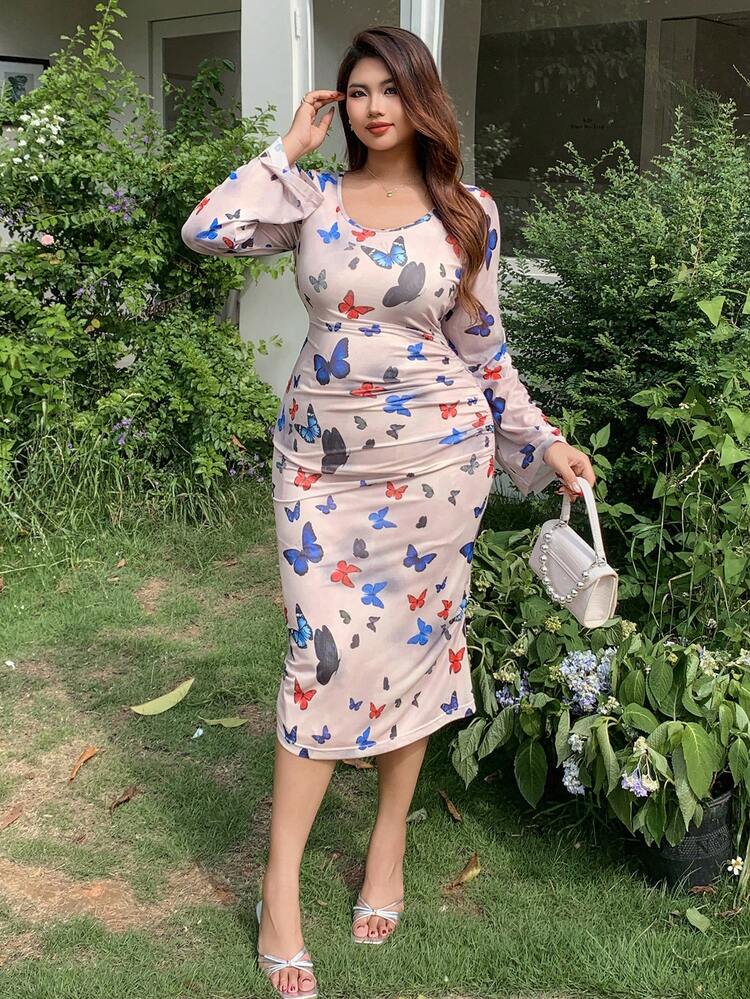Dazy Plus Plus Size Bow Knot Full Floral Print Bodycon Maxi Dress, Sexy Round Neck Women Plus Clothing Formal Woman S Fall Clothes Long Sleeve Dress