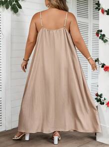 SHEIN CURVE+ Váy không tay màu trơn thường ngày cỡ lớn, mùa hè - Màu Khaki - Xem 2