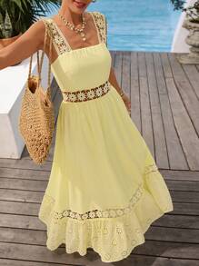 Vivid Eden 女式度假休闲纯色荷叶边纹理面料 A 字形吊带连衣裙 - 黃色 - 查看 6