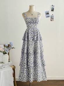 Soleia Women's Holiday Yellow Rose Print Multi-Tier Cake Dress, Casual Maxi Dress For Afternoon Tea, Wedding Season Blue Floral Dress Cottagecore Dress Blue And White Floral Dress Tiered Floral Dress Floral Sundress - Multicolor - View 3