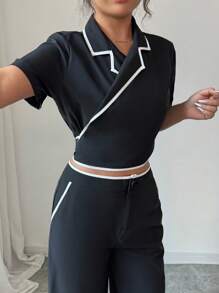 SHEIN Unity 2 件套女士纯色短袖上衣和裤子套装，工作通勤装 - 黑色 - 查看 6