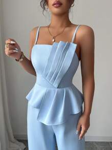 Elenzga Damen Set aus einfarbigem Top mit asymmetrischen Trägern und weiter Hose, 2 Stücke, elegant für den Alltag und Büro - Blau - Übersicht 3