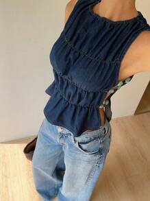 Aloruh 女式休闲水洗牛仔无袖背心，侧开衩 - 藍色 - 查看 3