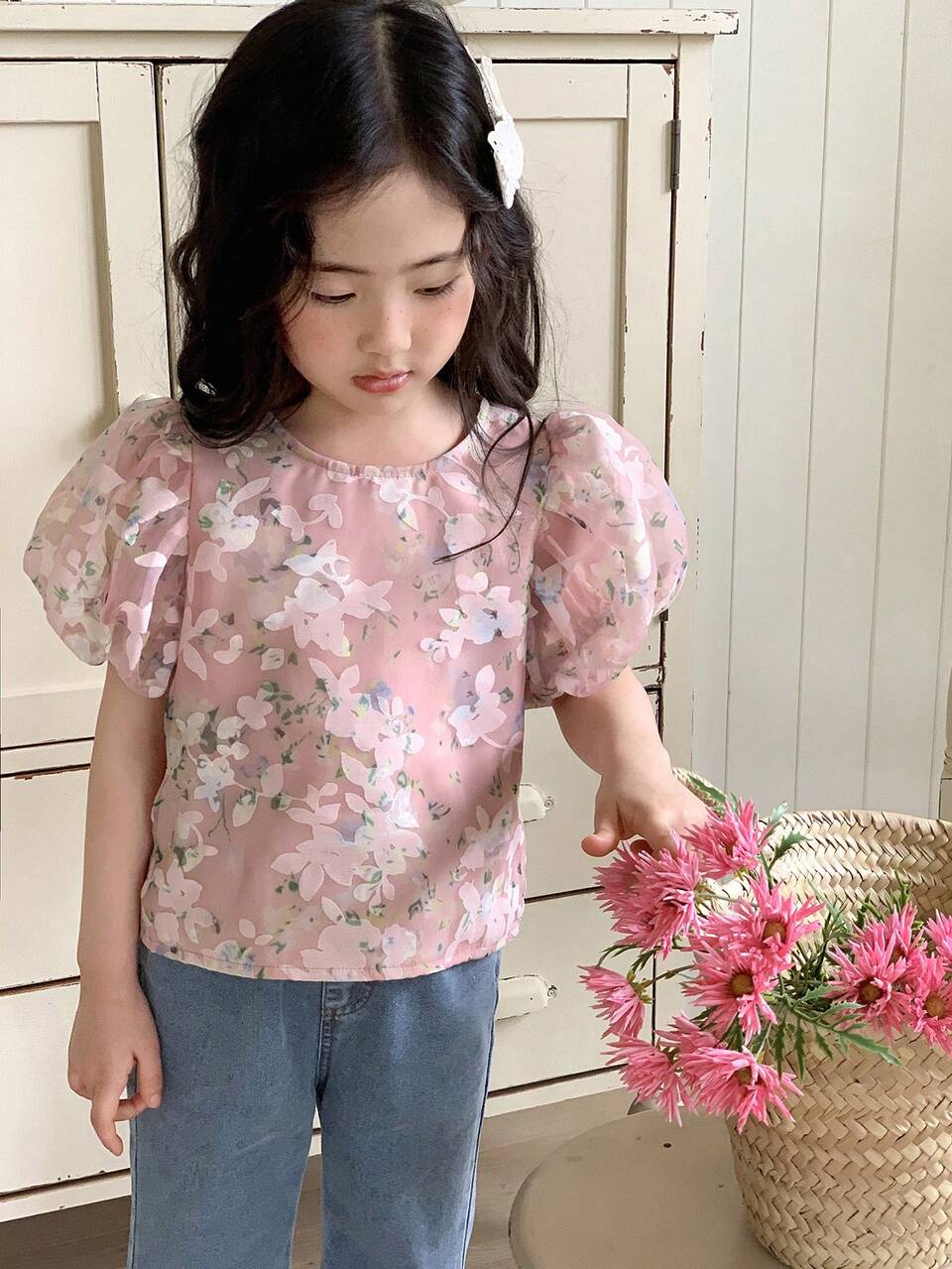 Young Girls Round Neck Korean Style Cute Fresh Puff Sleeve All Over Floral Print Summer Short Sleeve Shirt