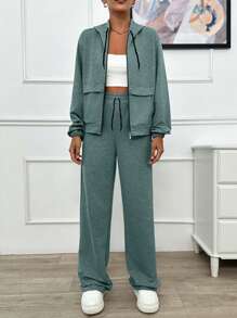EURMUSE TWO PIECES TWO THREAD LIGHT GREY HOODIE SWEATSHIRT AND SWEATPANT WITH SPARKLE STONE DETAIL - Mint Green - View 3
