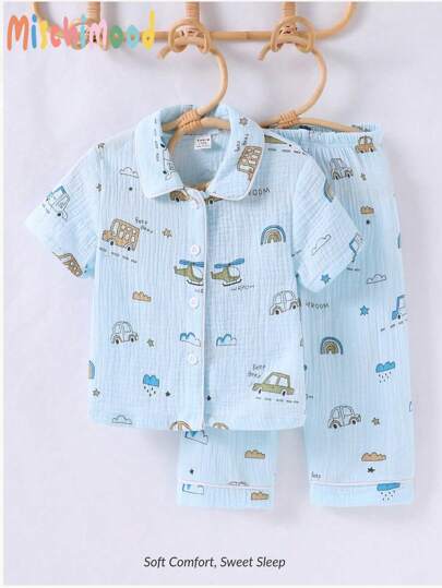 Bộ 2 quần áo tay ngắn dệt họa tiết xe hơi thoải mái cho bé trai mới biết đi, đồ mặc ở nhà