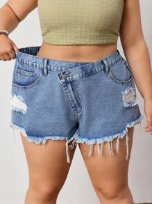 SHEIN CURVE+ Pantaloni scurți din denim spălați și uzați, mărime plus, de vară, casual