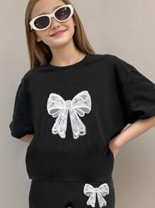 SHEIN Girlism 2pcs Tween Girl Casual Lace Bow Pattern T-Shirt And Long Pants Set, Suitable For Spring & Summer Summer Outfits - Black - View 4