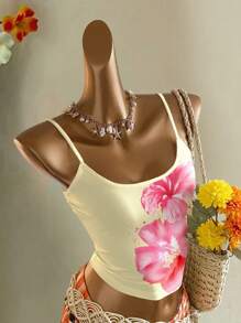 SHEIN EZwear Top de tirantes finos estampado con estilo retro vacacional, estampado tropical de color amarillo crema y floral, adecuado para verano y playa - Multicolor - Ver 10