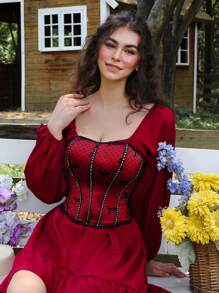 SHEIN 1件女士亮片蕾丝系带蝴蝶结性感抹胸上衣，适合音乐节内衣外穿，圣诞节礼物