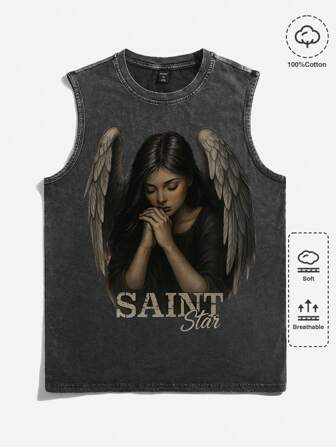 Goth Camiseta de tirantes casual de hombre con estampado de letra de ángel, cuello redondo, verano