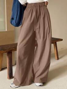 DAZY Quần ống rộng lưng thun co giãn cho nữ, màu trơn, thường ngày, mùa thu, quần giáo viên - Cà phê nâu - Xem 4