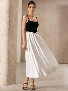 Chiquease Nuevo vestido elegante de moda con top de camiseta de punto, diseño en patchwork, bloques de colores tejidos, volantes en el bajo y cintura estilizante, sin mangas - Blanco - Ver 4