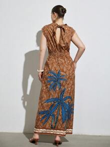 Aveloria Modichic Nouvelle robe longue style vacances à la plage pour femmes grandes tailles, avec imprimé rétro arbre de noix de coco, col volant, nœud, taille élastique et coupe fuselée - Multicolore - Voir 2