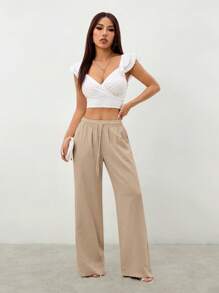 SHEIN PETITE 女式系带口袋长裤 - 卡其色 - 查看 4