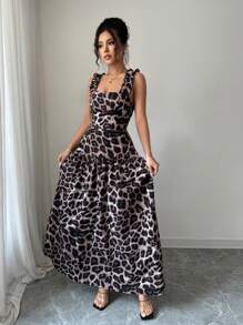 SHEIN Unity Gaun Kasual Wanita Motif Leopard dengan Detail Kerut dan Model Swing - Kopi - View 6