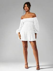 MISSGUIDED Off Shoulder Balloon Sleeve Mini Skater Dress Puff Sleeve Ruched Bust Textured Party Wedding Reception Bridesmaid Evening - White - View 5