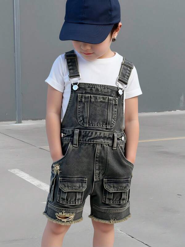 Kleine Jungen Jeans Latzhose im Denimstil für Lässig und Schule, mit Taschen, ausgeblichen und verwaschen