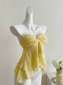 Sweetra Áo hai dây ren xoắn thắt nút mùa xuân/hè dành cho nữ, áo viền bèo nhún nhiều lớp - Màu vàng - Xem 3