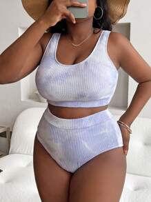 Slaydiva 2 bộ đồ bơi in họa tiết tie dye cỡ lớn cho nữ phong cách riêng biệt thời trang thường ngày đi nghỉ - Màu tím hoa cà - Xem 1