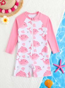 Baby Girl New Long Sleeve One-Piece Print Swimsuit, Random Pattern Swimming Suit Swim Suits Swim Wear Swimsuit Cover