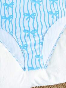 SHEIN 1pc Girls Onepiece Striped Swimsuit, Fashionable Beach & Party Swimwear Teen One Piece Swimsuit Girls Swimwear Teen Bathing Suit Tween One Piece Swimsuit Girls One Piece Bathing Suit Summer Holiday - Blue and White - View 4