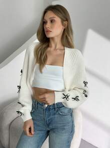 EURMUSE 女士纯色前开式蝴蝶结袖口下摆开衫 - 奶油色 - 查看 3