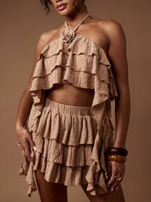 MISSGUIDED 荷叶边分层节日夏季两件套纹理短款上衣高腰迷你裙海滩派对度假舞蹈俱乐部装波西米亚风服装 - 卡其色 - 查看 5