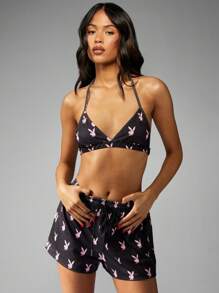 Missguided x Playboy Playful Bunny Print Lounge Bralette And Shorts Pajama Set Holiday Sleepwear Casual Home Wear Indoor Outfit - Multicolor - View 5