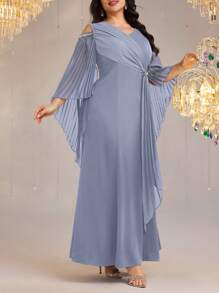 Modelyn Vestido sólido minimalista de talla grande con puño de manga de talla grande para mujer - Azul - Ver 3