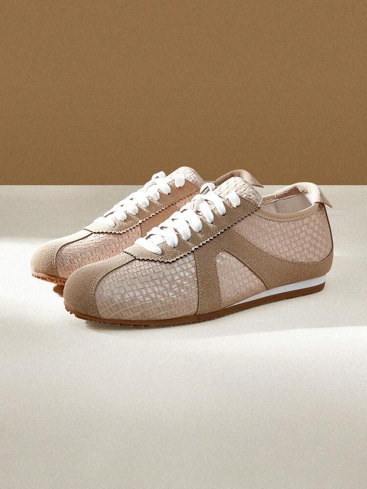 CUCCOO EASI Women's Color Block Round Toe Flat Sneakers, Casual Fashion Comfortable PU Leather Khaki Sporty Shoes For Daily & Outdoor Use