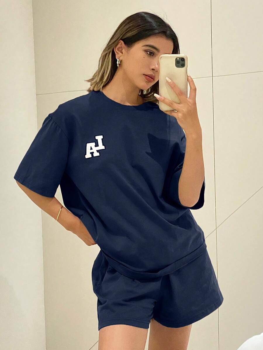 Livesso 宽松短袖上衣和短裤睡衣套装 - 藏蓝色 - 查看 1