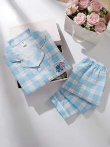 Set de 2 piezas de ropa informal para niñas preadolescentes: Cárdigan holgado de manga corta con bolsillo, estampado a cuadros y bordado de dibujos animados, y pantalones largos cómodos - Multicolor - Ver 6
