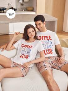 CoupledUp Casual Plaid & Coffee Letter Print Matching Pajama Set For Couples - White - View 1