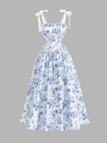 SHEIN MOD Vestido con estampado floral, cuello con volantes y lazo en los hombros para mujer - Azul y blanco - Ver 1