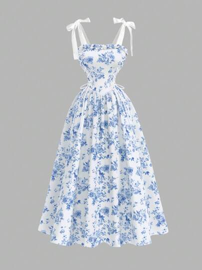 SHEIN MOD Women's Floral Print Ruffled Collar Tie-Shoulder Dress,Concert ,Graduation ,Romantic ,Festival,Vintage,Elegant,Wedding Guest,Modest ,Prom ,Formal ,Floral,Fairycore,Classy Outfits For Women