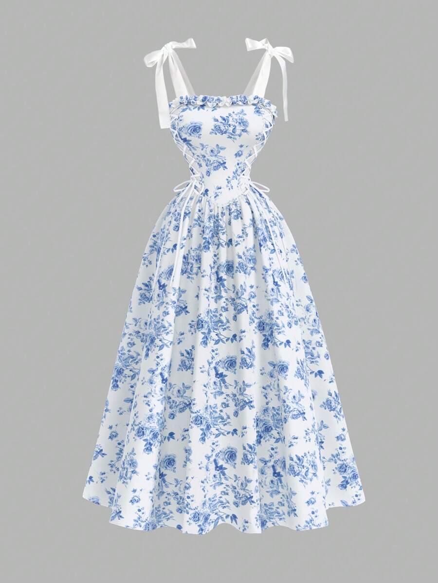SHEIN MOD Vestido con estampado floral, cuello con volantes y lazo en los hombros para mujer - Azul y blanco - Ver 1