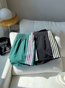 Comfortcana 2 Stücke Damen Kontrastfarben Gewebte Gürtel Shorts, Sommer