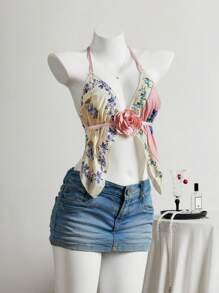 Elamini Women's Summer Lace-Up V-Neck Backless Floral Pattern Decorated Vacation Camisole