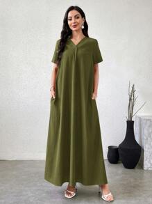 Al Najma 女士休闲纯色阿拉伯风格连衣裙 - 軍綠色 - 查看 4