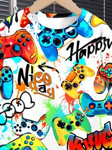 SHEIN Tween Boy Casual Cartoon Print Short Sleeve Crew Neck 2 Pieces Set, Suitable For Summer - Multicolor - View 4