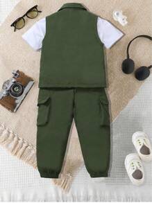 SHEIN Genkimix Kids Young Boy Fashion Cargo Pocket Vest Matched With Letter Print Short Sleeve Tee And Casual Cargo Pants, Comfortable Fabric Suitable For Summer, Cool Outfit For School And Outdoor Wear Summer Holiday - Multicolor - View 2