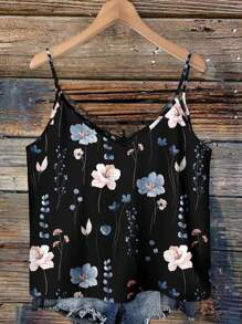 SHEIN VCAY Plus Size V-Neck Lace Patchwork Ditsy Floral Spaghetti Strap Camisole, Elegant For Vacation, Date Night, Party