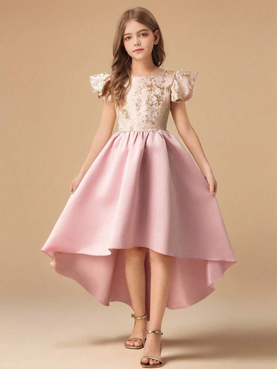 Tween Girl Textured Fabric Ruffle Asymmetric Hem A-Line Dress, Flower Girl Wedding Bridesmaid Birthday Party Prom - Pink - View 1