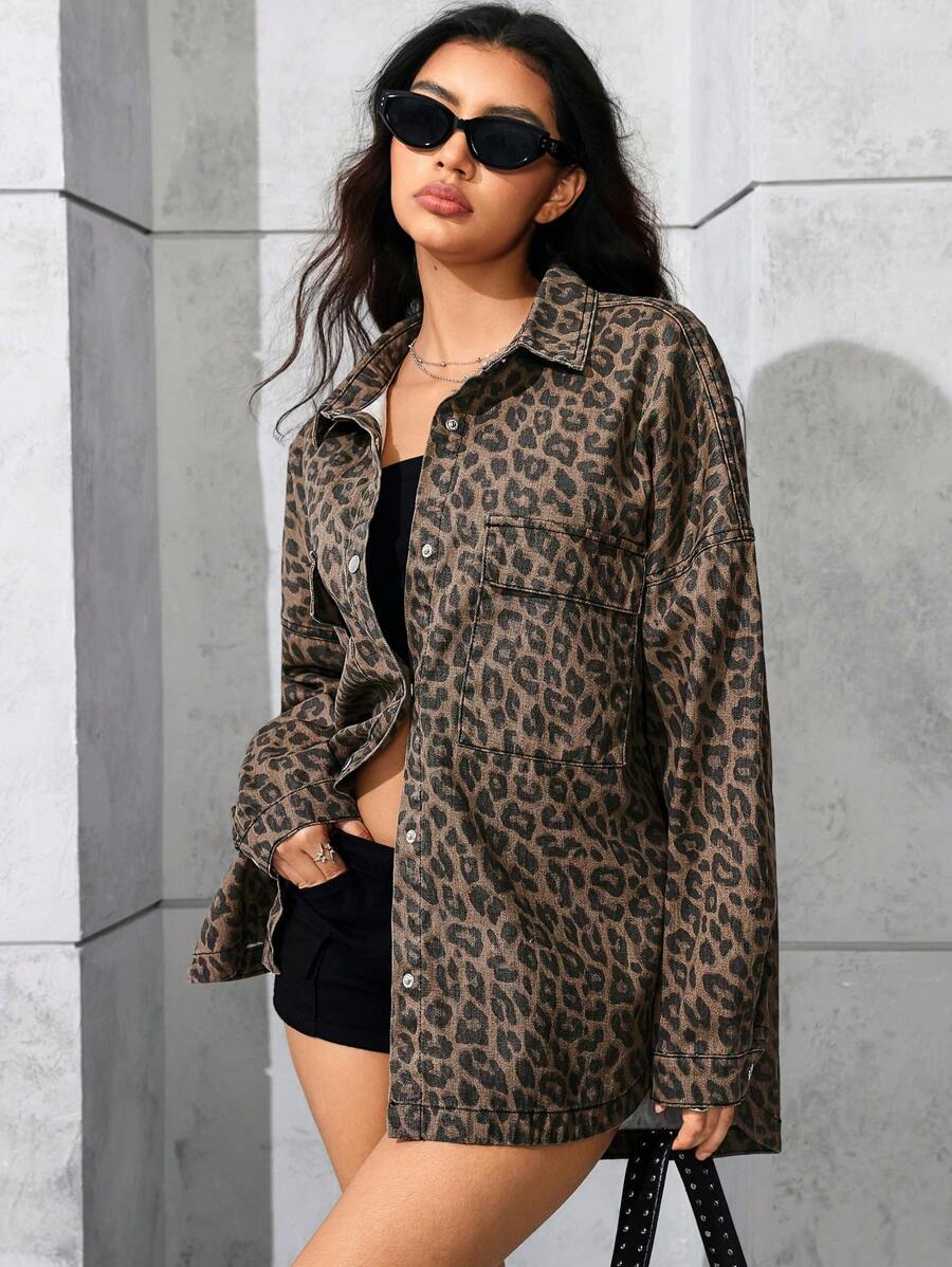 SHEIN EZwear 女式豹纹落肩单排扣休闲牛仔夹克 - 彩色 - 查看 1